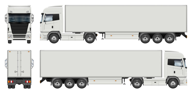 Fototapeta Semi trailer truck vector mockup, view from the side, front and rear. Perfect for vehicle branding, advertising, or corporate identity. All elements in the groups on separate layers.