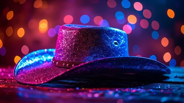 Glittering cowboy hat with blue and pink lighting against bokeh background