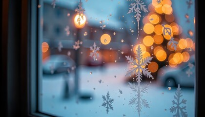 View through a window with snowflake decals, showing festive bokeh lights and a blurred street scene outside.