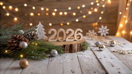 2026 on Wooden Board with Festive Decorations and Falling Snow - 1
