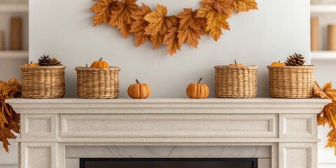 Thanksgiving Decoration Cozy autumn decor featuring baskets and pumpkins on a fireplace mantel adorned with leaves.