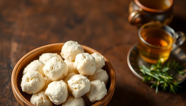 Traditional Dried Cheese Curd Balls (Aaruul or Qurut): Rustic Central Asian Snack with Tea.