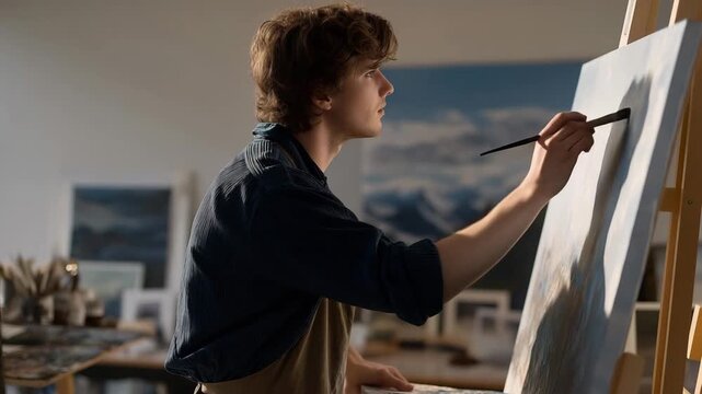 An artist steps back from their freshly finished painting, paint still wet and hands covered in color, a deep exhale escaping as they admire their work. The light falls softly on the canvas,