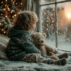 A small child holding a teddy bear in his hands. Generative AI