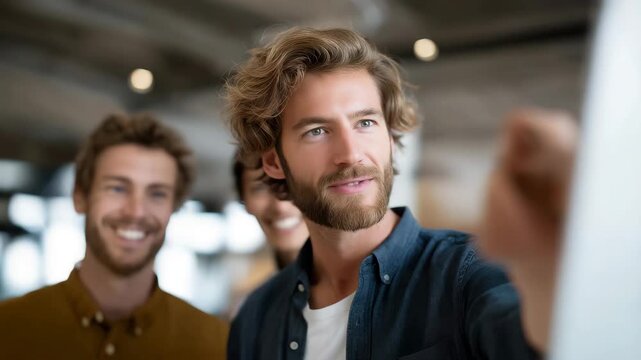 Candid photo of creative director guiding junior designers at a digital whiteboard &mdash; representing mentorship in the workplace, hands-on leadership, the human side of creativity, and emotional