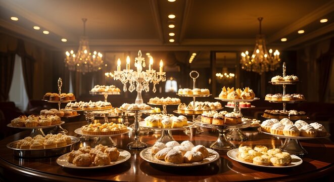 Lavish dessert table adorned with pastries and chandeliers in a grand setting