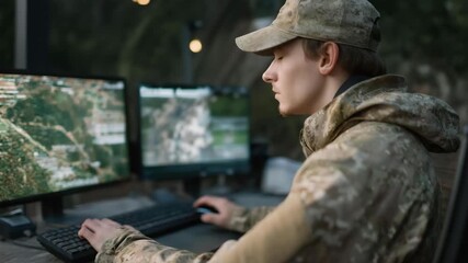 Close-up of drone telemetry displays and live video feeds being monitored by soldiers, highlighting technology-enhanced situational awareness, remote surveillance, and tactical UAV integration.