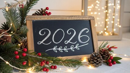 Chalkboard Sign with 2026 and Festive Holiday Decorations - 4