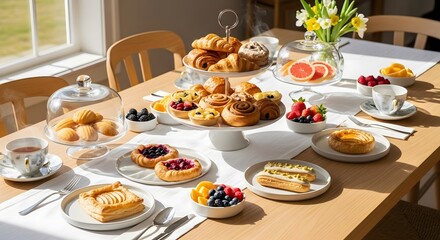 An elegant afternoon tea spread with pastries, fruit, and floral arrangement