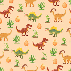 Dinosaurs seamless pattern. Flat vector clipart, illustration with isolated background.