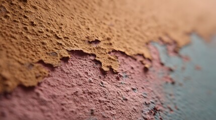 Close up of peeling paint on a textured wall revealing layers of color and rough surface