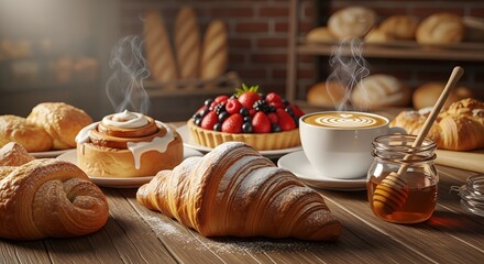 Delicious bakery assortment with croissants, cinnamon rolls, and fruit tart
