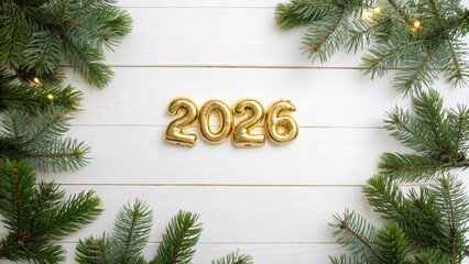 Golden 2026 Balloon Numbers with Fir Branches on White Wooden Background - 1