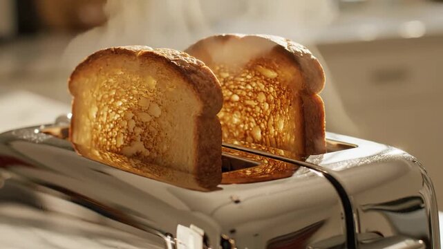 A captivating visual of golden-brown toast perfectly emerging from a modern chrome toaster in a sunlit kitchen.
