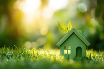 Green model house with leaf on roof symbolizes real estate property and sustainable living in sunlit garden