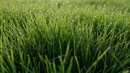 Fototapeta premium Close up view of green grass blades with water droplets glistening in the morning sunlight outdoors