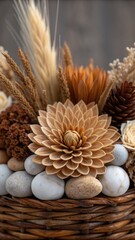 Thanksgiving Decoration A decorative arrangement of natural elements including flowers, stones, and grasses in a woven basket.