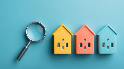 Real estate property search concept with magnifying glass and colorful small wooden house models evoking careful decision