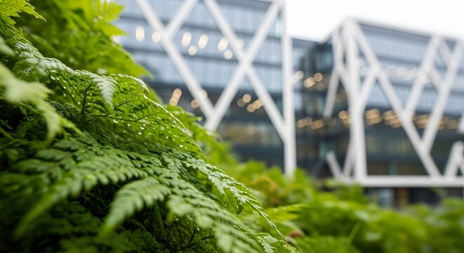 Closeup of vibrant green fern leaves with modern architecture in backdrop