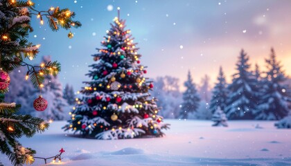 A soft, blurred winter Christmas background featuring a snow-covered tree decorated with gentle garland lights. A calm and festive seasonal scene suitable for widescreen layouts, ideal for New Year an