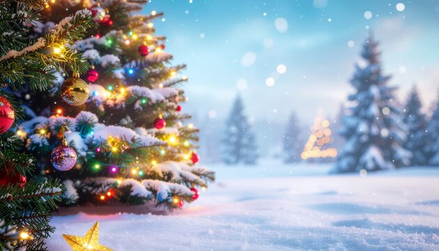 A soft, blurred winter Christmas background featuring a snow-covered tree decorated with gentle garland lights. A calm and festive seasonal scene suitable for widescreen layouts, ideal for New Year an - Powered by Adobe