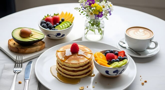 Delicious breakfast featuring pancakes, fruit, avocado toast, and coffee