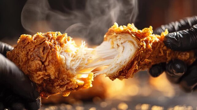 Hand in black glove breaking apart delicious piece of hot, crispy fried chicken. Steam rises from tender, juicy white meat, revealing an appetizing and satisfying meal
