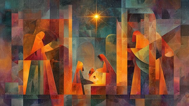 Abstract artwork showing the holy family with mary and joseph kneeling the manger, a prominent shining the scene above star - Powered by Adobe