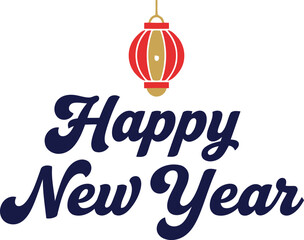 Happy new year typography with traditional red and gold chinese lantern illustration. festive greeting card design for lunar new year celebrations and spring festival events. global holiday wishes.