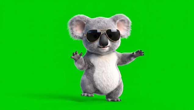 A cute cartoon koala wearing sunglasses, dancing, and posing on a bright green background.