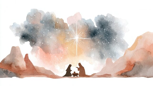 Nativity scene celebrating birth of jesus christ under a shining star art watercolor in christmas