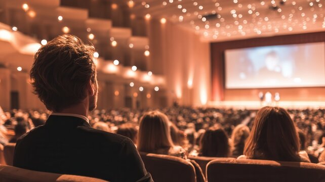 Main subject from behind attending a large event, learning and engaging with a stage screen content