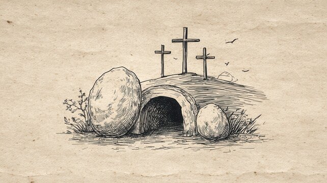 Empty tomb with stone rolled away, three crosses on hill illustrating resurrection, easter concept christ jesus