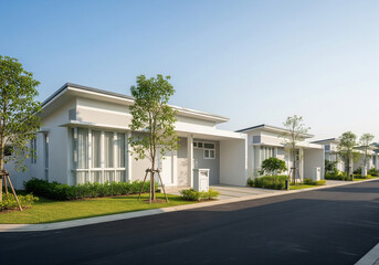 Fototapeta premium Clean white minimalist homes with sharp geometric volumes and neat garden edges