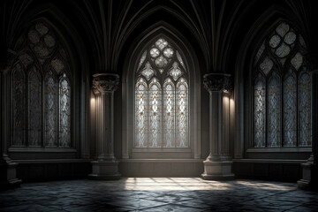 Dramatic gothic chapel interior with illuminated stained glass, intricate stone tracery, and shadowy atmosphere