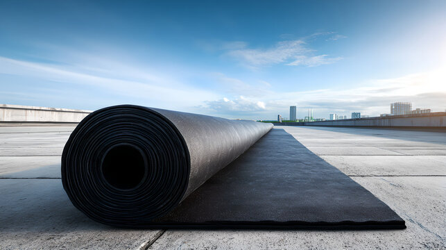 Roll of black EPDM rubber roofing material unfurled on a flat city rooftop.