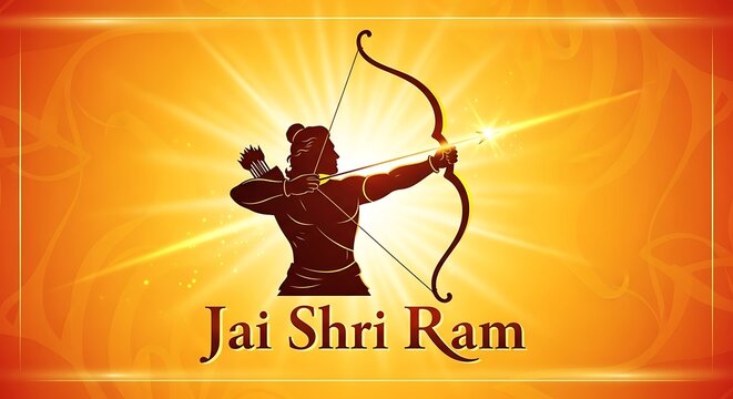 Silhouette of archer with bow and arrow against bright orange background with jai shri ram text