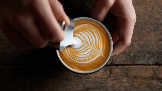 Professional barista hand making beautiful latte art, focused moment creating warm cappuccino or espresso drink. Pouring delicate foam into coffee cup for perfect beverage