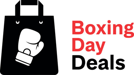Boxing day deals illustration: a black shopping bag with a white boxing glove symbol, featuring "boxing day deals" text, ideal for seasonal retail promotions and discount advertisements.