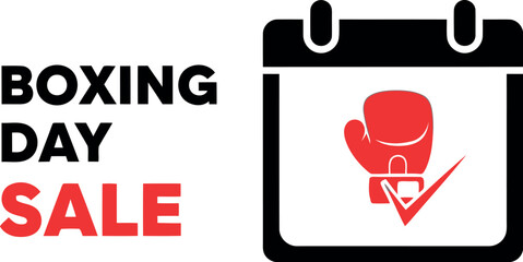 Boxing day sale vector graphic with calendar icon, red boxing glove, and checkmark, symbolizing post-christmas shopping, holiday discounts, and retail promotions. ideal for advertising special deals.