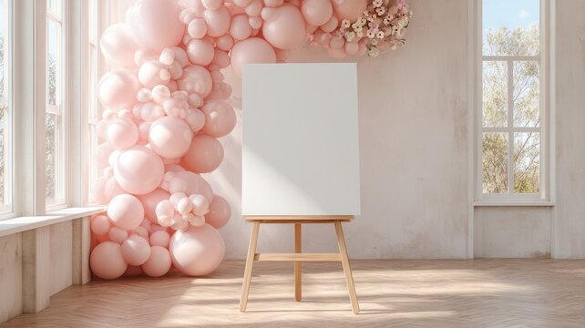 Blank canvas on easel with pink balloon arch and flowers a event celebration concept room, bright