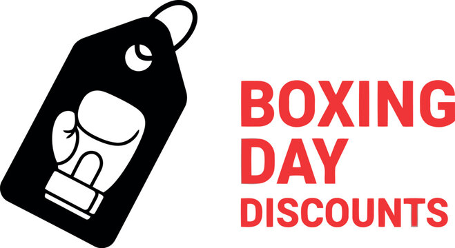 Boxing day discounts vector illustration featuring a price tag icon and boxing glove, ideal for retail sales, holiday shopping, seasonal offers, ads, attracting customers to great deals.