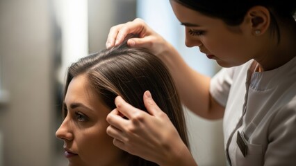 Hair expert meticulously inspects woman's beautiful long brown hair, ensuring optimal scalp health during personalized salon treatment