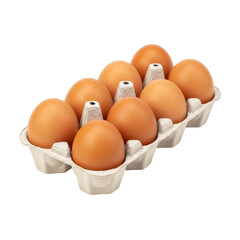 Ten brown eggs arranged in a recycled cardboard carton, presented against a clean white background.