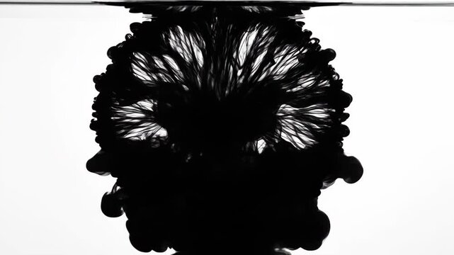 Captivating black ink infusion into clear water, revealing mesmerizing patterns and textures