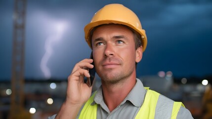 Construction worker in hard hat and safety vest talks on phone at dusk with dramatic thunderstorm and lightning