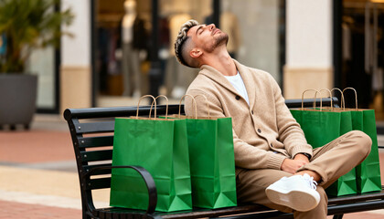 Tired man sleeping on a bench with green shopping bags. Exhausted male shopper resting at an outdoor mall. Shopping fatigue concept