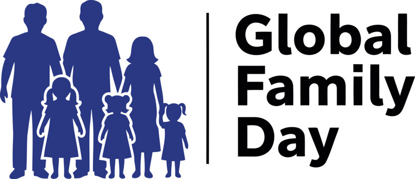 Global family day vector graphic design illustration featuring a loving family silhouette symbol with parents and three children, promoting unity, peace, and worldwide connection celebration.