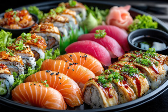 Assortment of fresh sushi and rolls on a platter