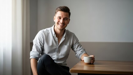 Millennial man with a genuine smile sits comfortably at a minimalist table, enjoying a warm beverage in natural daylight